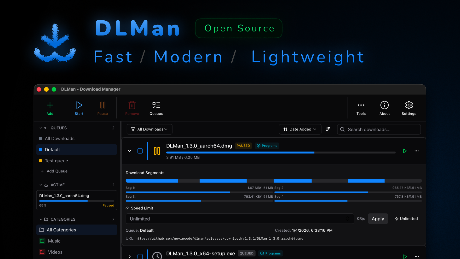 DLMan main downloads screen