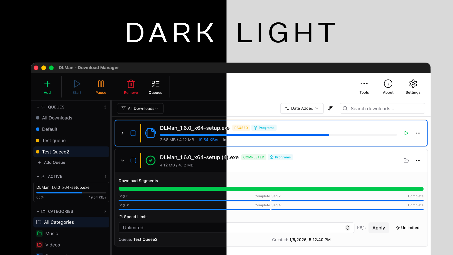 DLMan dark and light themes